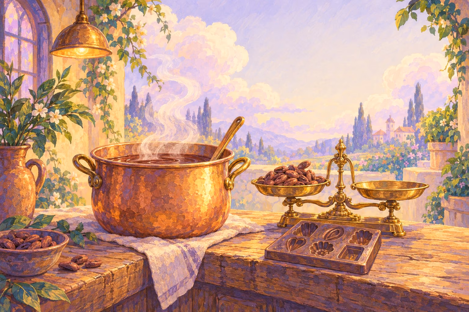 Copper kettle and cacao mold on the sanctuary kitchen bench