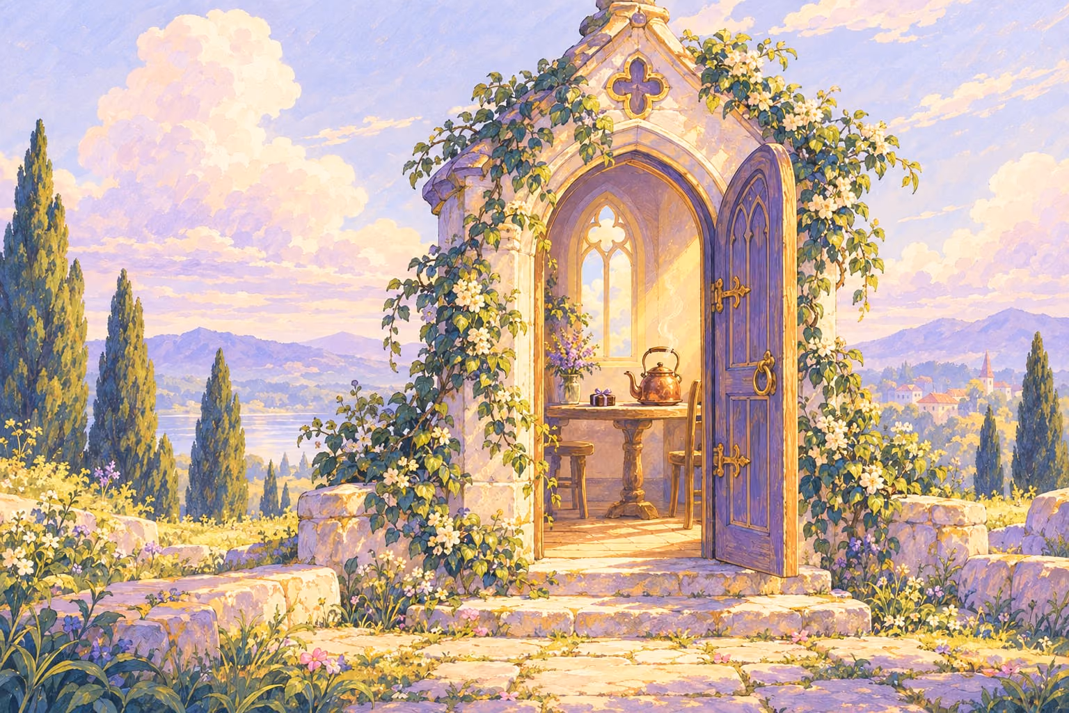 Open chapel door with a kettle and chocolate on the table