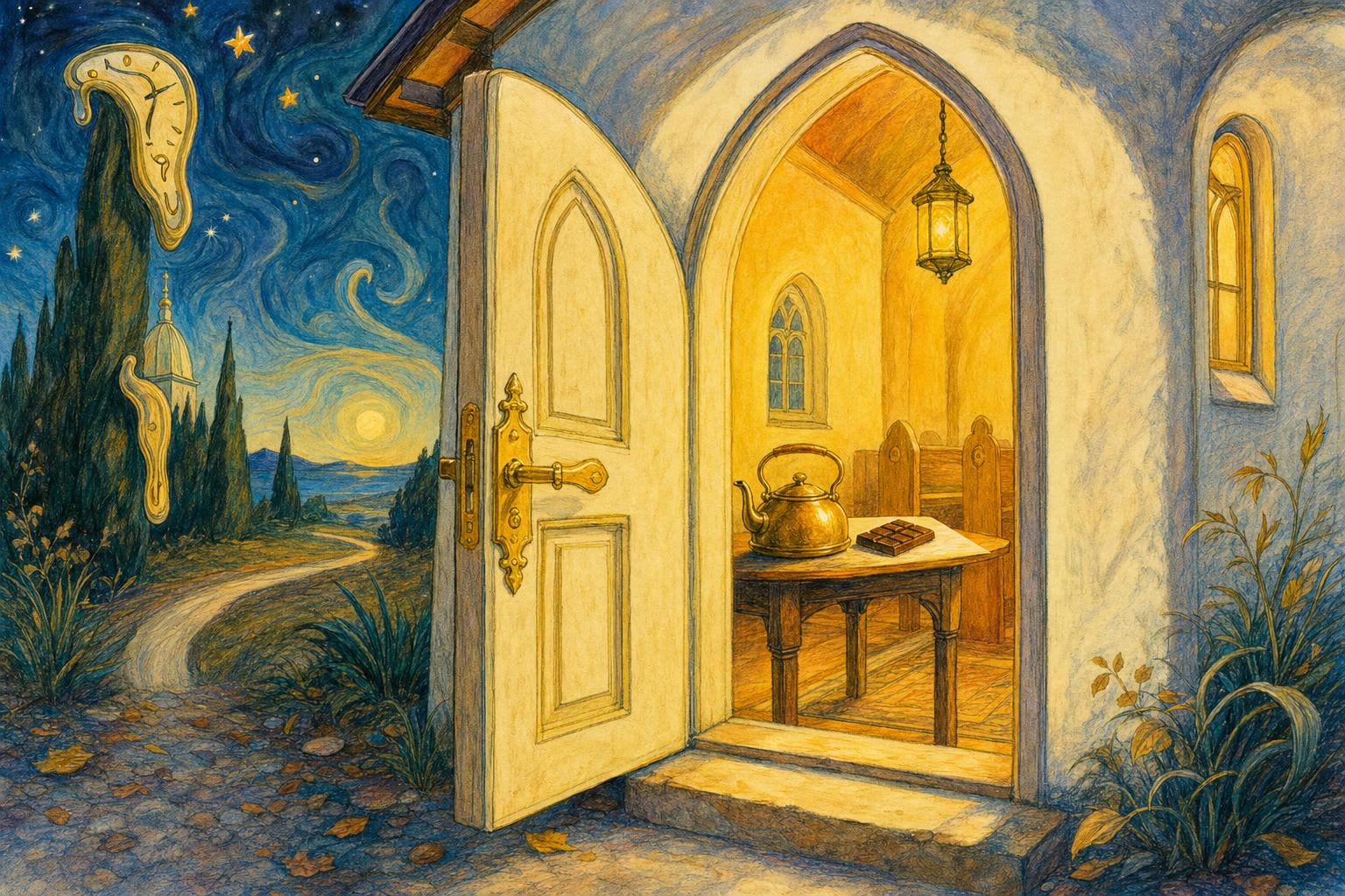 Open chapel door with a kettle and chocolate on the table