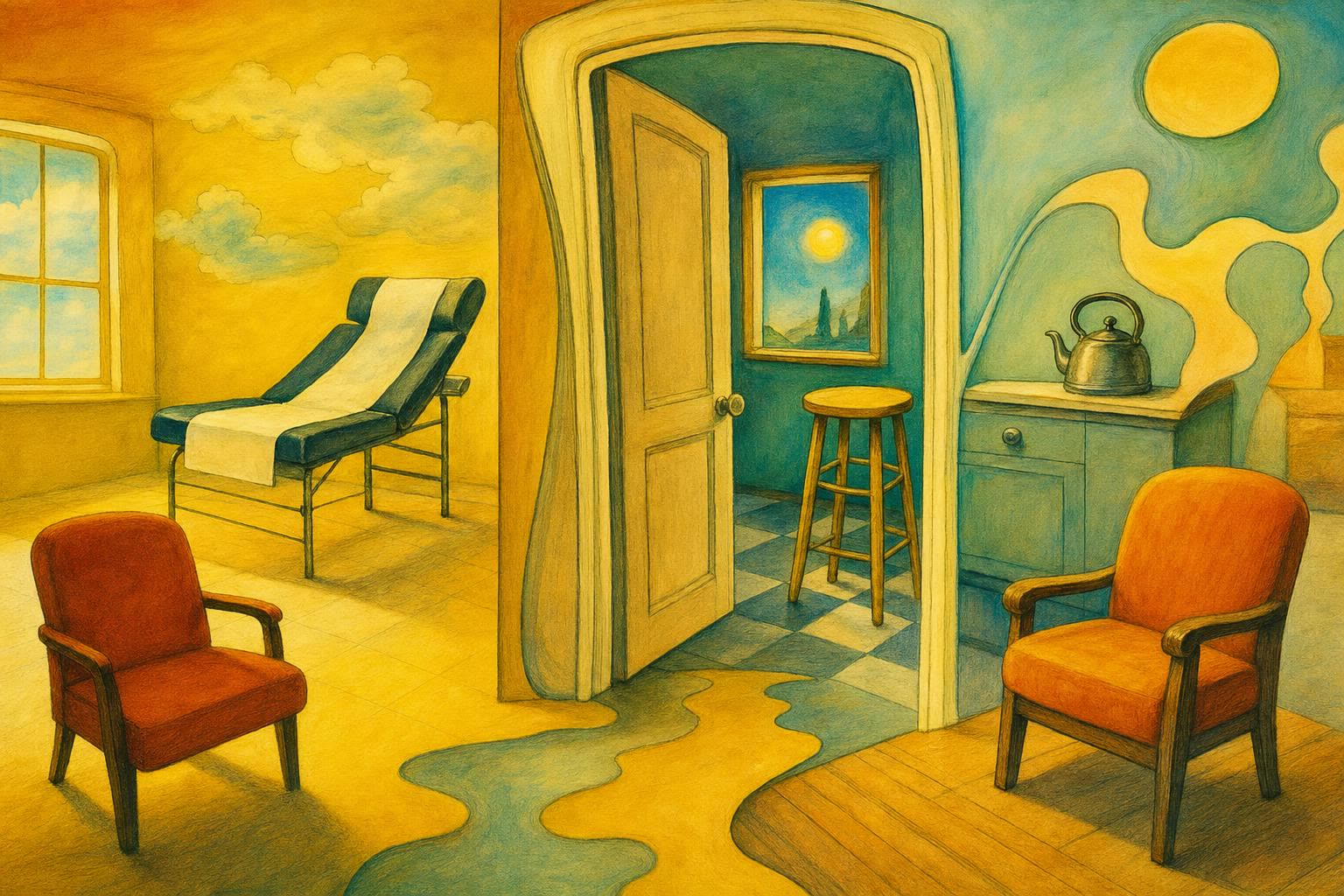 A clinic chair and a kitchen stool either side of a doorway