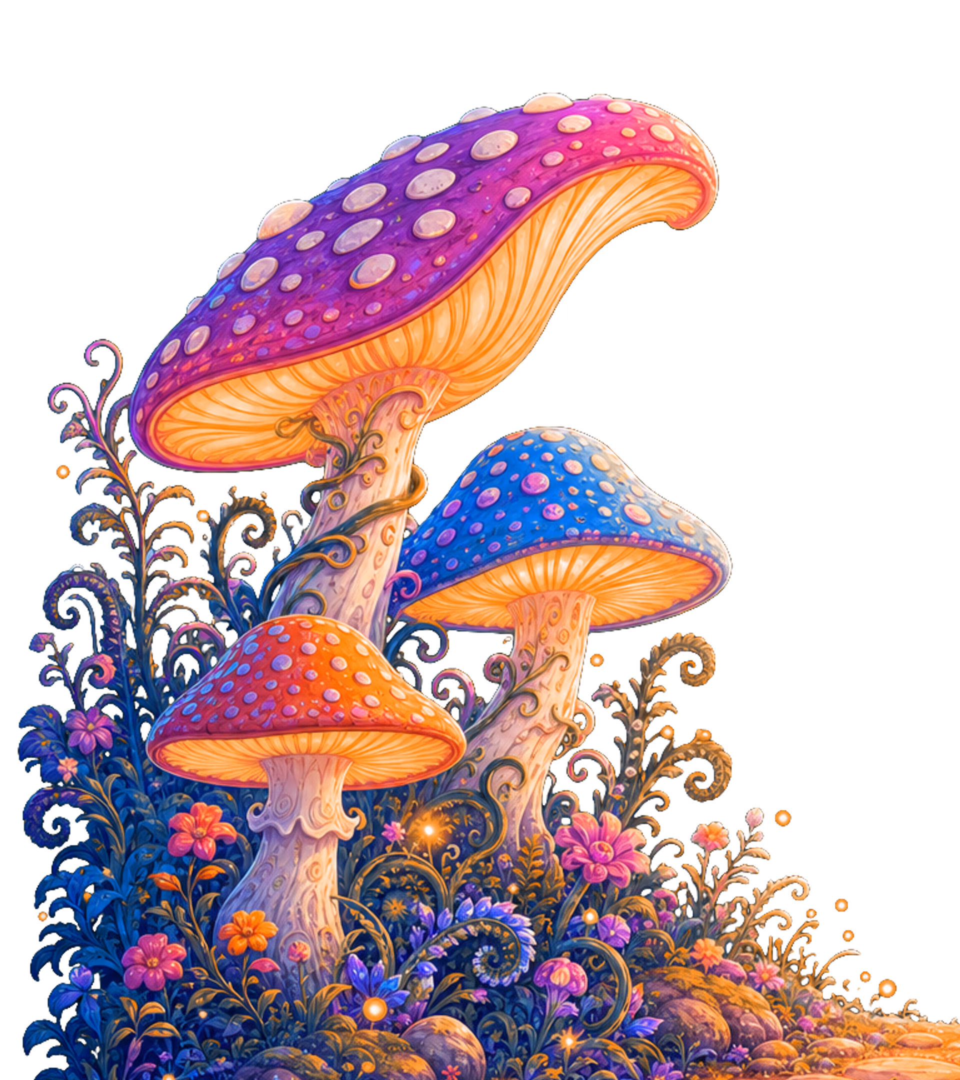 Foreground glowing mushrooms, left